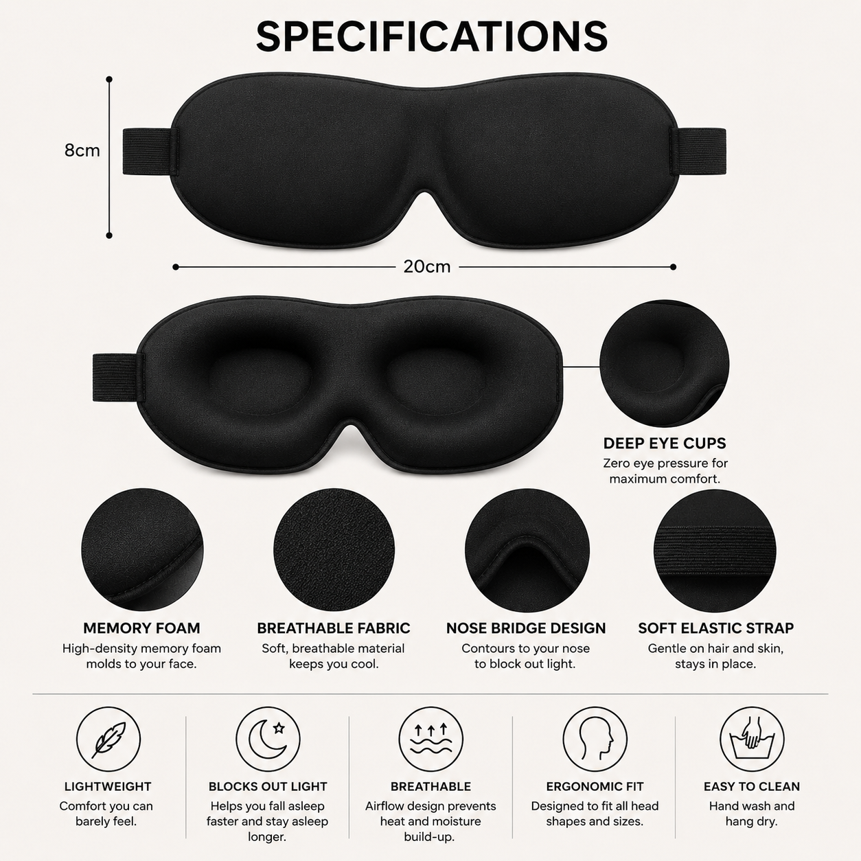 Specification and feature chart for a black eye mask, showing front and side views with dimensions labeled 8cm and 20cm, plus callout circles for memory foam, breathable fabric, nose bridge design, and elastic strap. Text below lists features like lightweight, blocks out light, breathable, ergonomic fit, and easy to clean.