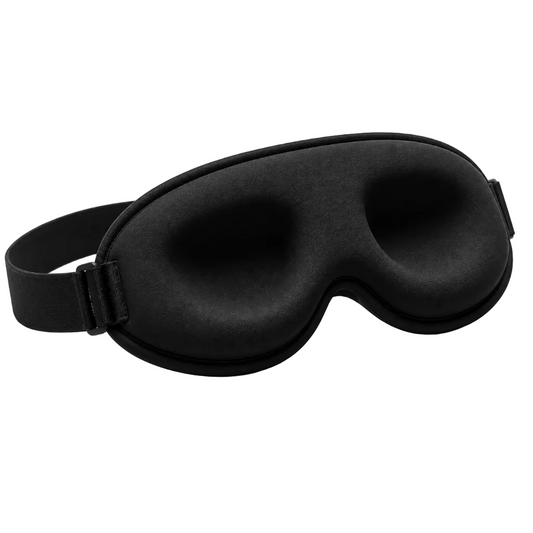 A black padded sleep mask with an adjustable strap, shown on a clean white background.