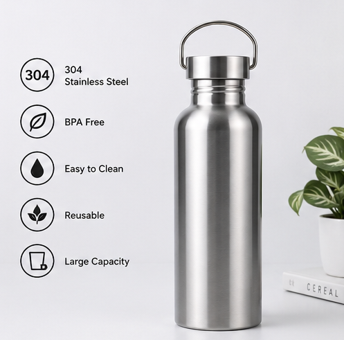 Silver stainless steel water bottle with features listed on a light gray background