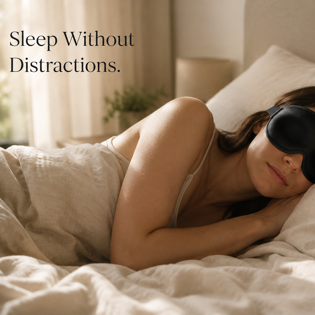 A woman wearing a black sleep mask rests on a white pillow in a softly lit bed, with the text 'Sleep Without Distractions.' in the upper left corner.