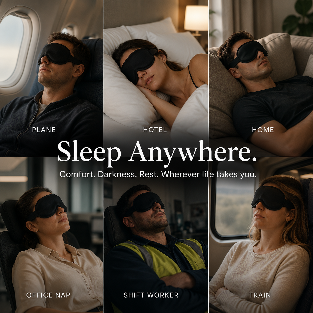 A six-panel promotional collage showing people wearing black sleep masks in different settings: on a plane, in a hotel room, at home, at the office, as a shift worker, and on a train. Large centered text reads 'Sleep Anywhere.