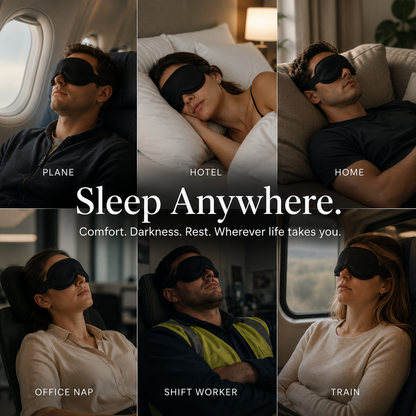 A six-panel promotional collage showing people wearing black sleep masks in different settings: on a plane, in a hotel room, at home, at the office, as a shift worker, and on a train. Large centered text reads 'Sleep Anywhere.