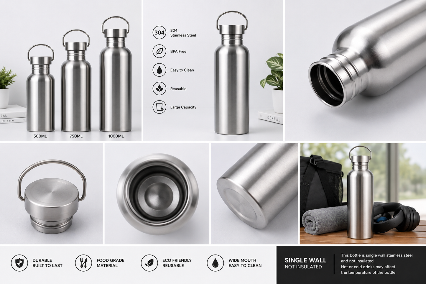 Collage of stainless steel water bottles with features highlighted
