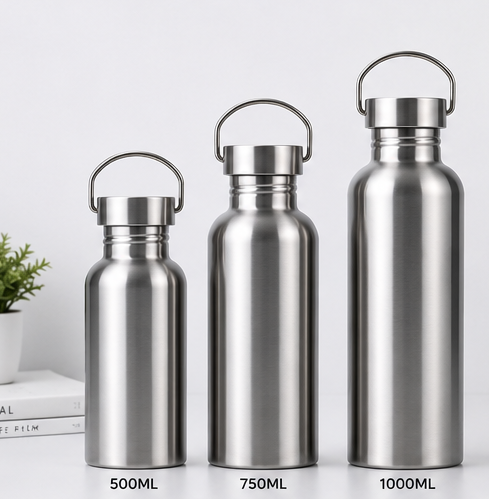 Three stainless steel water bottles of different sizes on a white background
